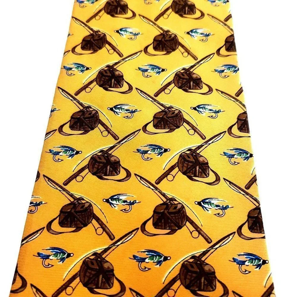 Banana Republic Fly Fishing Print Yellow Wide‎ Silk Tie